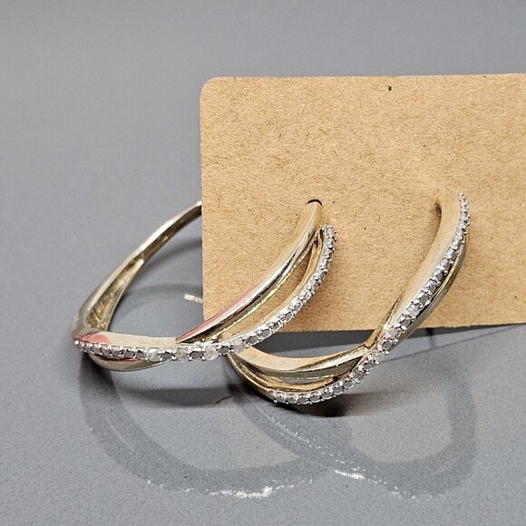 925 Sterling Silver Vermeil - Natural Diamond Crossover Semi Hoop Earrings - Picture 10 of 12